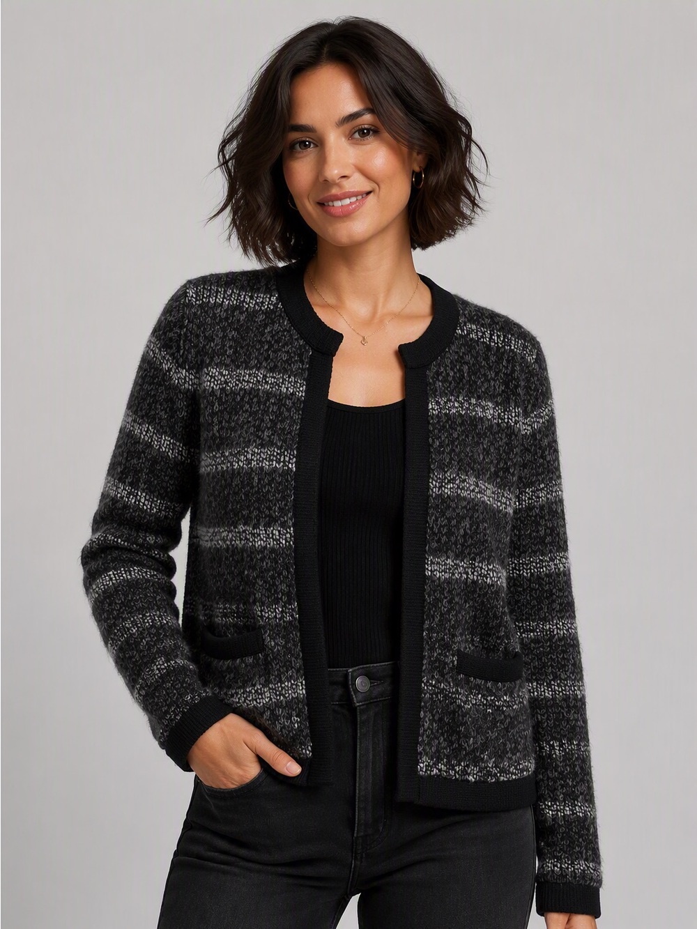 Banana Republic Black and Gray Striped Open-Front Cardigan